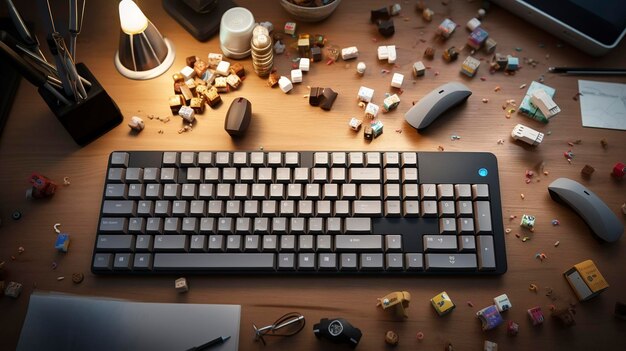 Photo une photo d'un clavier et d'une souris entourés d'articles de papeterie