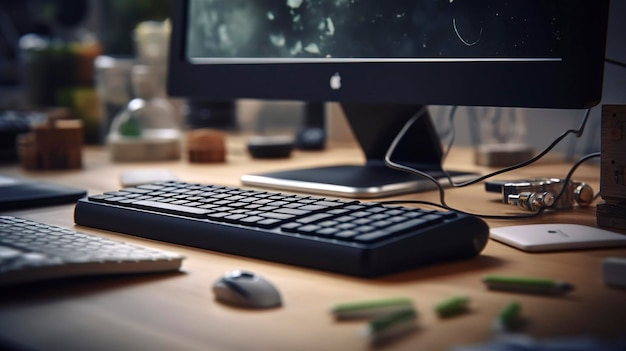 photo d'un clavier et d'une souris entourés de fournitures de bureau