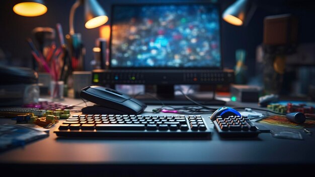 Une photo d'un clavier et d'une souris entourés de fournitures de bureau