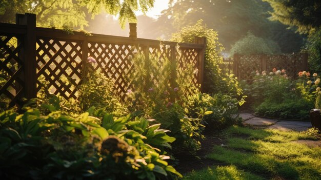 Une photo d'une clôture en treillis avec un jardin en arrière-plan à la lumière douce du matin