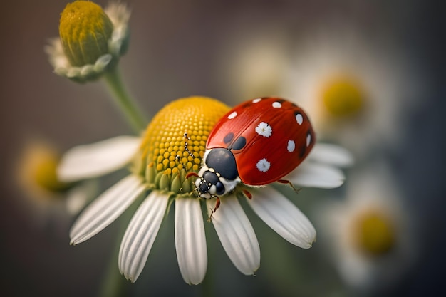 photo coccinelle rouge sur la fleur de camomille, la coccinelle rampe sur la tige de la plante au printemps dans le jardin en été