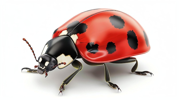 Une photo d'une coccinelle rouge avec des taches noires sur le dos. La coccinelle est assise sur une surface blanche. La Coccinelle a six pattes et deux antennes.