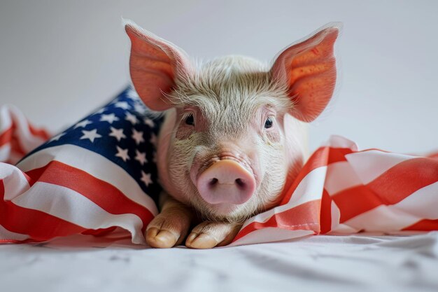 Photo d'un cochon avec un drapeau américain sur un fond blanc