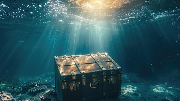 photo d'un coffre au trésor submergé sous l'eau avec des rayons de lumière