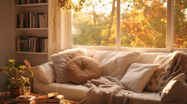 Une photo d'un coin de lecture confortable avec la lumière chaude du soleil et des tons terreux doux