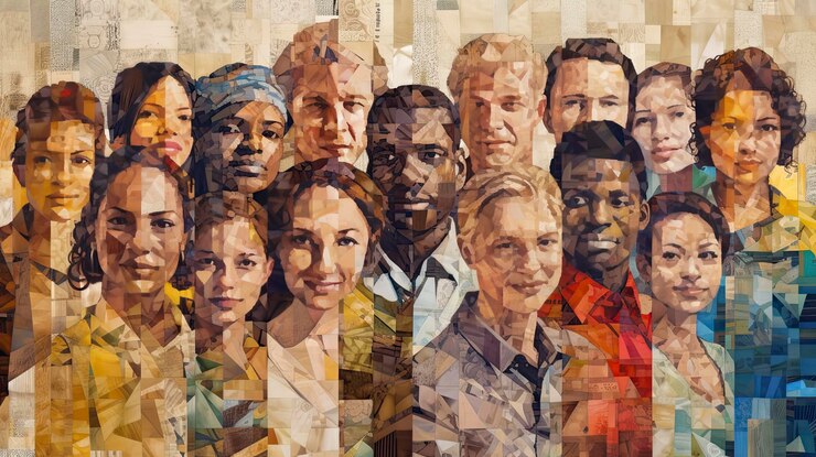 Photo collage de concept de communauté multiculturelle de personnes diverses souriantes prises de vue en tête sur un studio lumineux