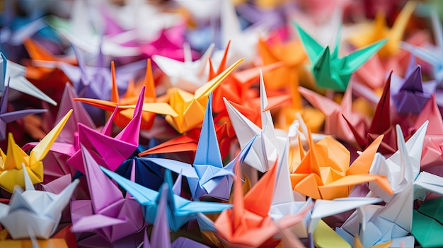 Photo une photo d'une collection de grues origami dynamiques sur fond de papier