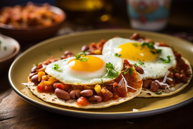 Une photo colorée d'une assiette d'huevos rancheros avec des haricots frit et des tortillas