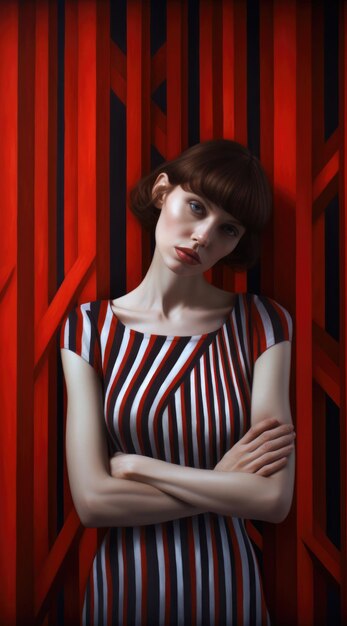 Photo colorée d'un modèle caucasien dans une robe à rayures rouges et noires contre un bois rouge vibrant