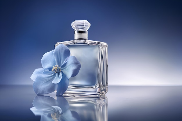 Photo commerciale promotionnelle d'une bouteille de parfum avec des fleurs bleues générée par ai