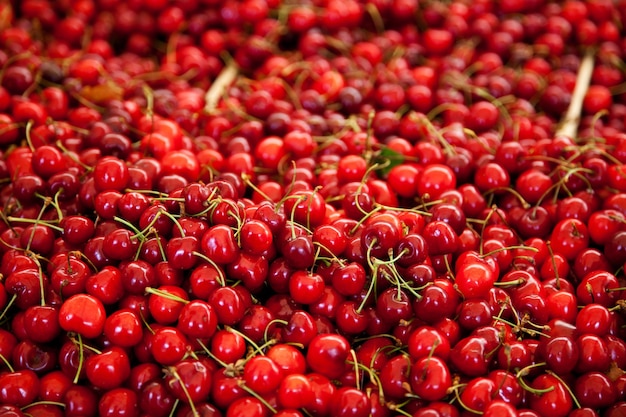 Une photo complète de cerises fraîches à vendre au stand du marché