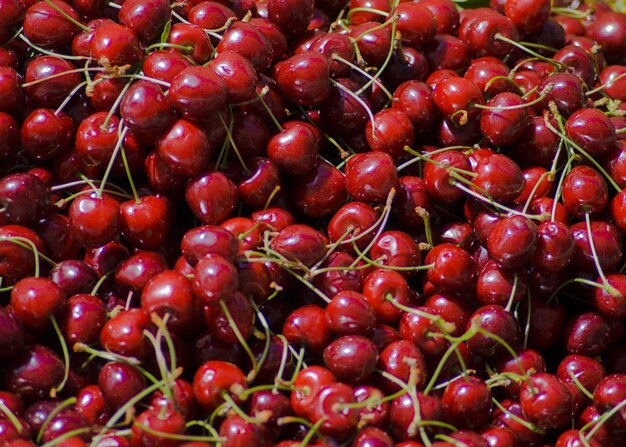 Une photo complète de cerises mouillées à vendre au stand du marché