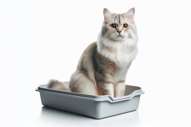 photo complète d'un chat assis sur la boîte à litière isolée sur un fond blanc massif