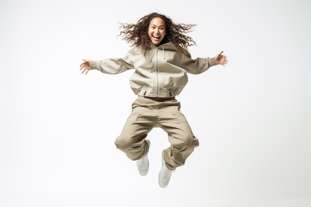 Photo photo complète du corps d'une femme folle positive et joyeuse sautant, levant les mains, active isolée sur la couleur jaune