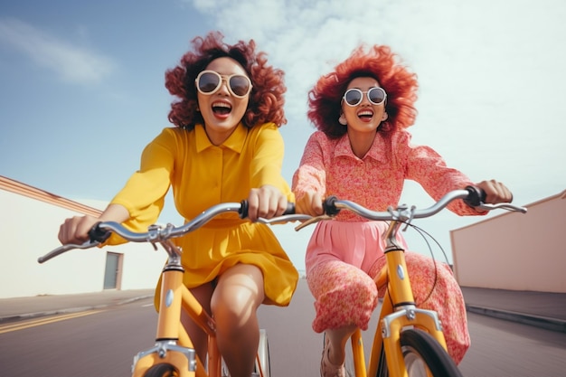 Une photo complète de femmes souriantes faisant du vélo ensemble.