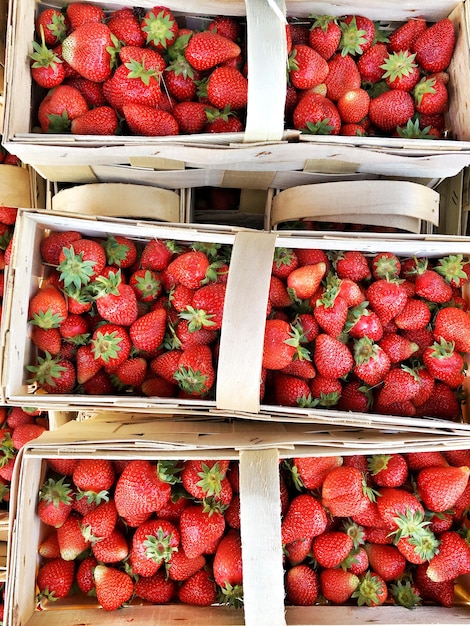 Photo une photo complète de fraises dans des boîtes à vendre au marché.