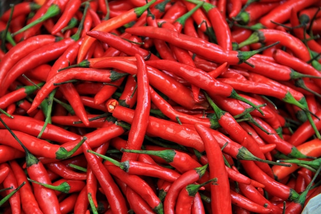 Photo complète de piments rouges à vendre sur le marché.