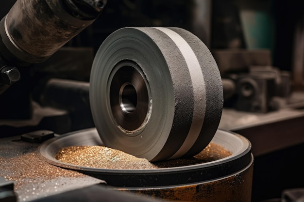 Photo d'un composant métallique cylindrique meulé avec une meule abrasive en usine