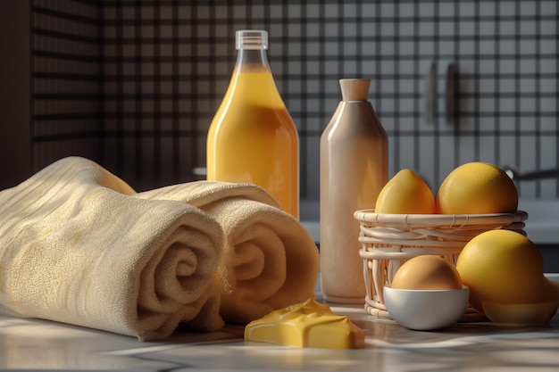 Une photo d'un comptoir de cuisine avec des citrons, des œufs et un panier de beurre.