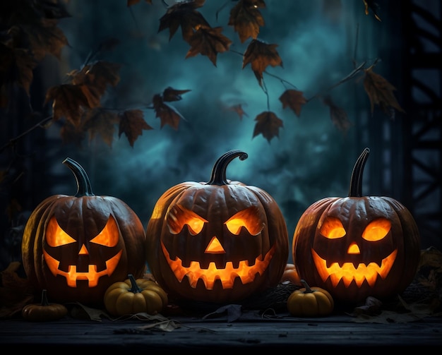 Photo concept de jour d'halloween avec des citrouilles maléfiques effrayantes sur une table en bois et copiez le texte de l'espace