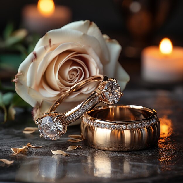 Photo photo de concept de mariage de luxe d'anneaux de mariage et de fleurs sur une table brune clair