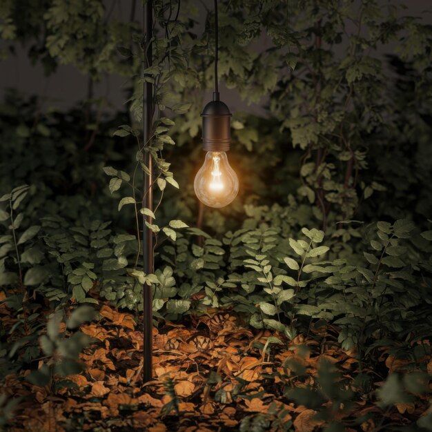 Une photo conceptuelle d'une ampoule lumineuse entourée de plantes luxuriantes et suspendue au-dessus d'un sol forestier