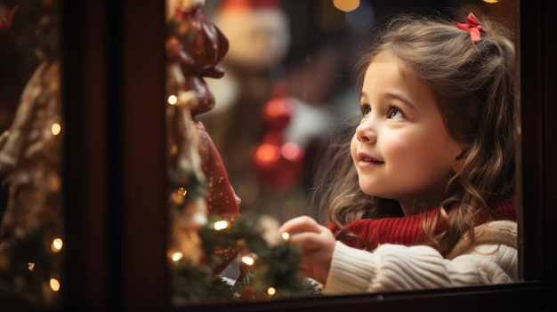 photo confortable avec la douce lueur des lumières de Noël, un enfant regardant par la fenêtre