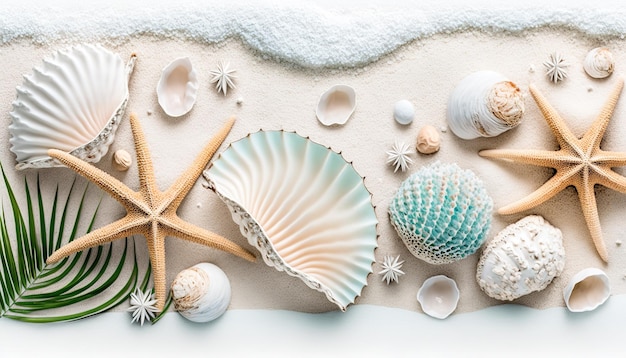 Une photo de coquillages et coquillages sur une plage