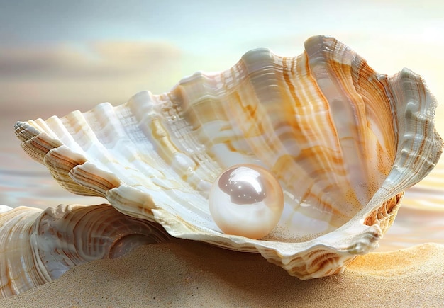 Photo photo d'une coquille avec une perle sur la plage et le soleil en arrière-plan