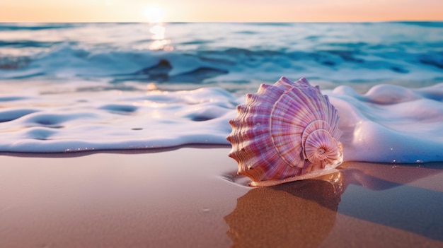 Une photo d'une coquille spirale sur fond de vagues océaniques