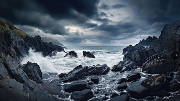 Une photo d'une côte rocheuse avec des vagues violentes et des nuages orageux