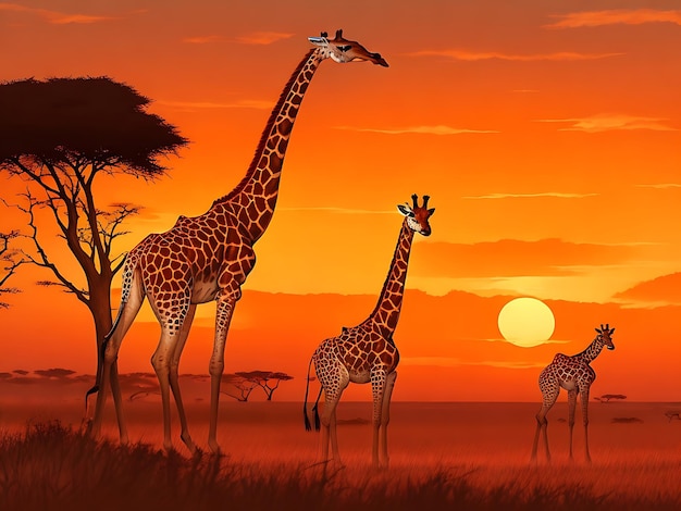 Photo coucher de soleil animal dans le ciel coucher de soleil et paysage de lever de soleil avec le cerf girafe