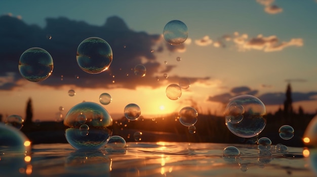 Une photo d'un coucher de soleil avec des bulles dans l'eau