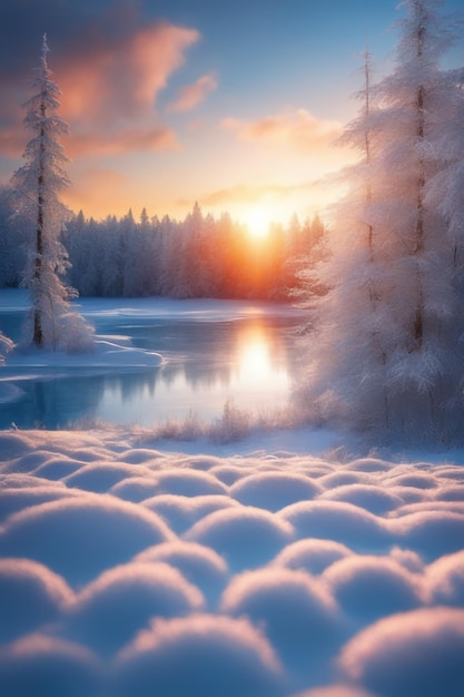 Photo photo coucher de soleil sur la forêt d'hiver et coucher de soleil sur les flocons de neige gelés sur fond de ciel bleu