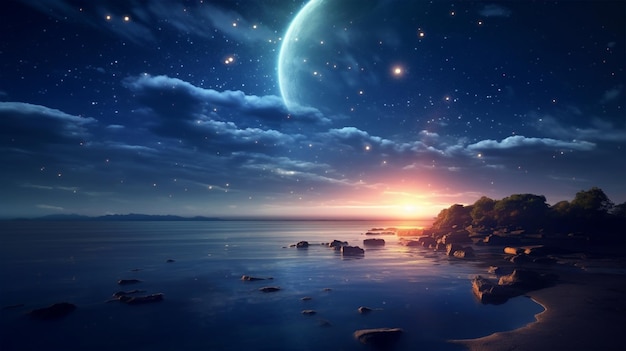 Photo de coucher de soleil sur une île avec des étoiles générative ai