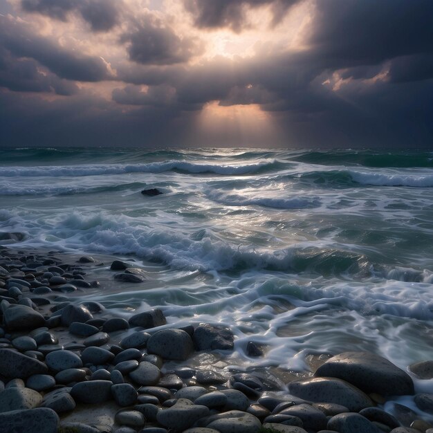 Photo d'un coucher de soleil paisible sur la plage, d'un océan au bord de la mer avec des nuages et du sable spectaculaire sur le rivage