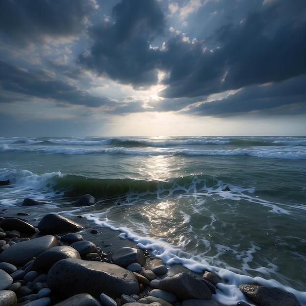 Photo d'un coucher de soleil paisible sur la plage, d'un océan au bord de la mer avec des nuages et du sable spectaculaire sur le rivage