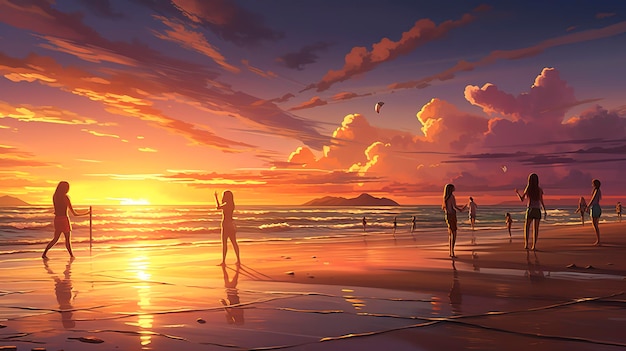 Une photo d'un coucher de soleil serein sur la plage avec un groupe d'amis jouant au volley-ball dans la lumière déclinante