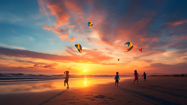 Une photo d'un coucher de soleil serein sur la plage avec un groupe d'enfants volant des cerfs-volants colorés contre le vibrant