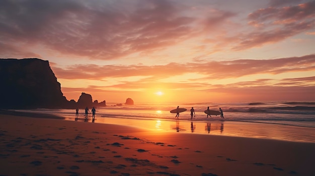 Une photo d'un coucher de soleil serein sur la plage avec un groupe de surfeurs attrapant les dernières vagues de la journée