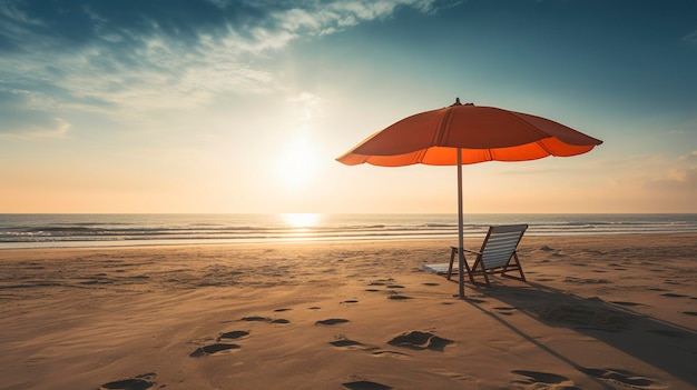 Une photo d'un coucher de soleil serein sur la plage avec un parapluie de plage solitaire jetant une longue ombre