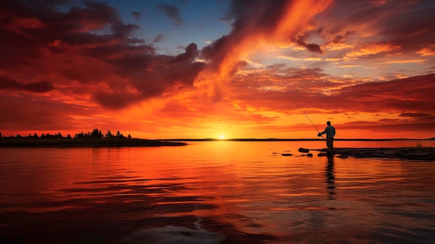 Une photo d'un coucher de soleil serein sur la plage avec un pêcheur solitaire jetant sa ligne dans l'eau calme