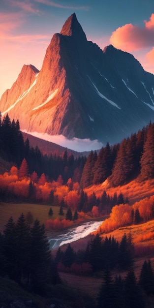 Photo coucher de soleil et silhouettes d'arbres dans les montagnes générative ai