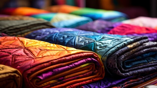 Une photo de couettes en tissu colorées fabriquées à la main