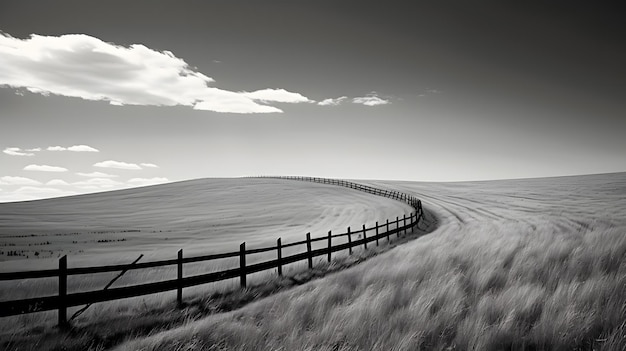 Photo en couleurs noir et blanc du paysage en été avec champ et collines