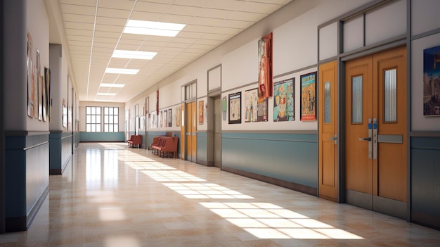 Une photo d'un couloir d'école avec des œuvres à l'huile encadrées