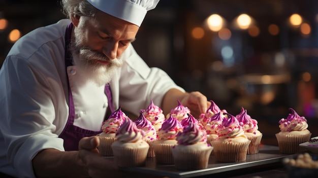 Une photo coupée d'un beau jeune homme prenant un gâteau dans une boulangerie.