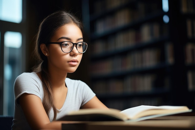 Une photo coupée d'une belle jeune étudiante qui lit dans la bibliothèque créée avec l'IA générative