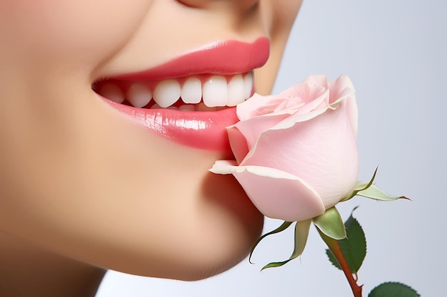 Photo photo coupée de la bouche d'une femme avec un sourire blanc parfait et des dents saines photo horizontale