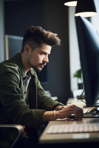 Une photo coupée d'un concepteur utilisant un ordinateur dans un bureau créé avec l'IA générative